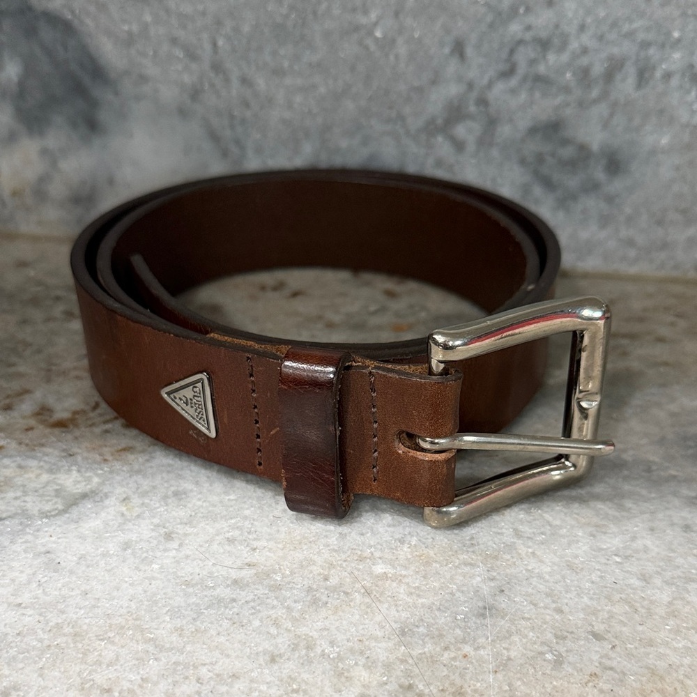Guess Brown Leather Belt with Silver Buckle Womens size Large